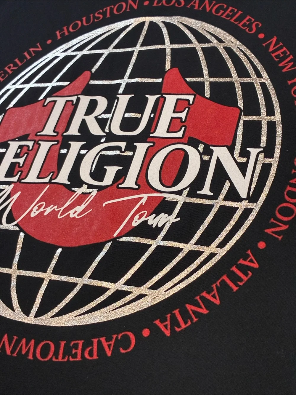 True Religion Black Tee with Red & White Globe Logo